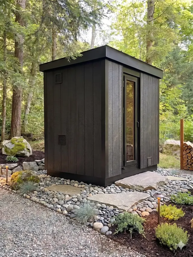 The Löyly (Black Series) with a glass door beside a rock garden