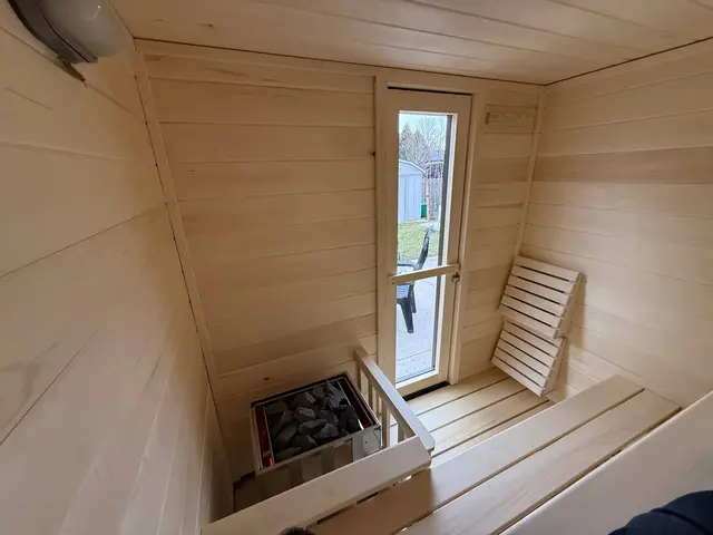 Aspen interior with benches, heater and a glass door