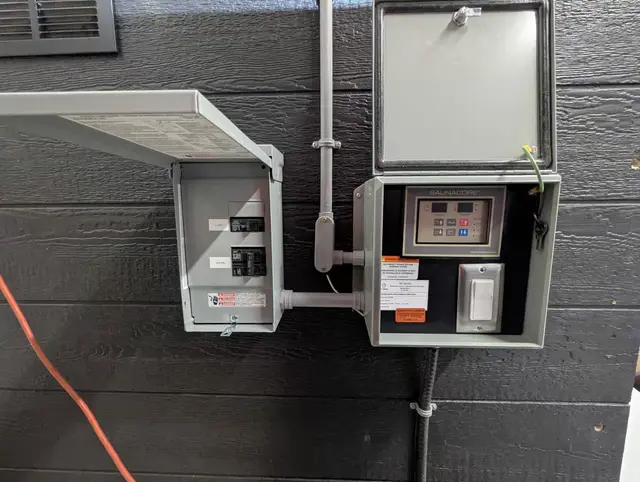 Electrical Option 1: sub-panel and Saunacore 5 kW control box on a sauna wall, with conduit