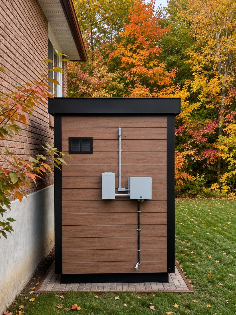 Two eSAFE-certified electrical enclosures mounted on the walnut Chamclad exterior wall of a Ryt Sauna, with conduit running up from them, a cable dropping to the base, and a black vent louvre above