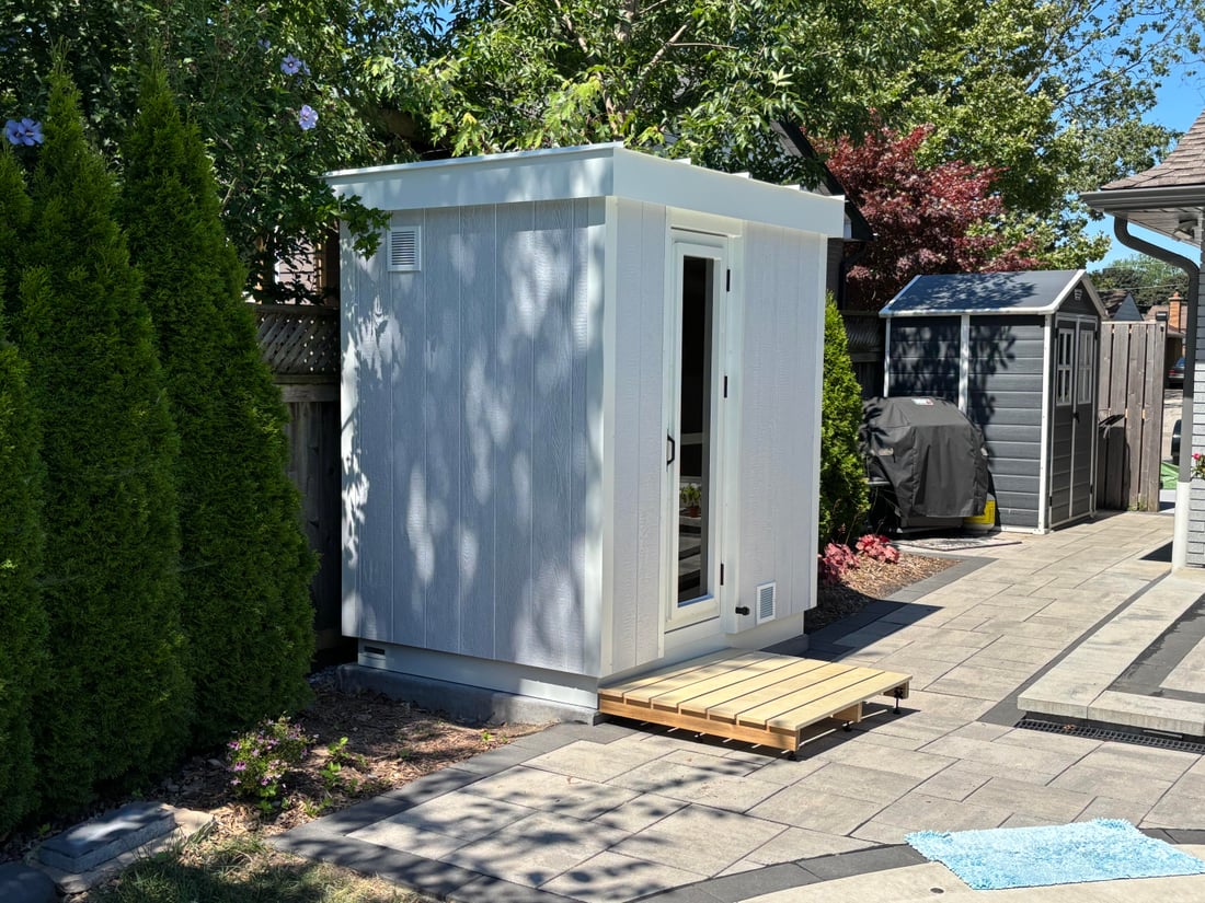 The all-aluminum roof and overhang on a finished white Ryt Sauna