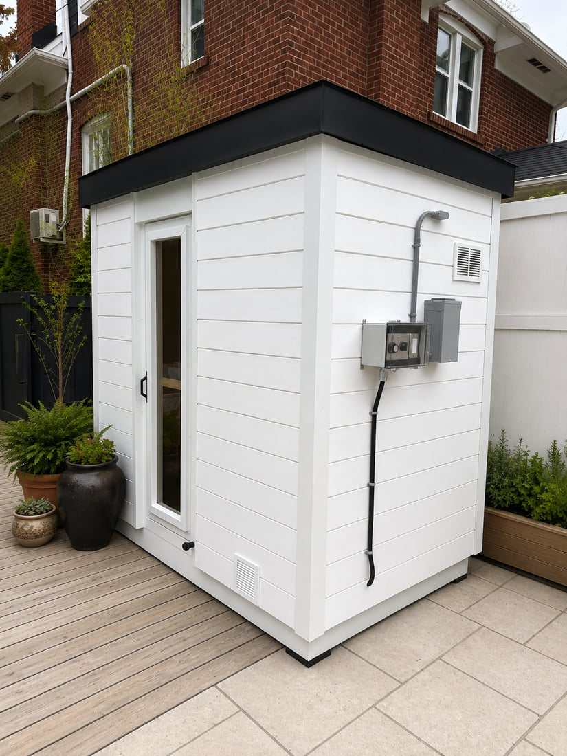 A white Ryt Sauna on a deck with the eSAFE electrical installed on its exterior wall: two grey enclosures, conduit running up to a light fixture, and a cable dropping to the base