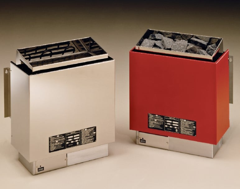 Two Fenno wall-mounted electric sauna heaters side by side, one stainless steel and one red, the red one filled with sauna rocks