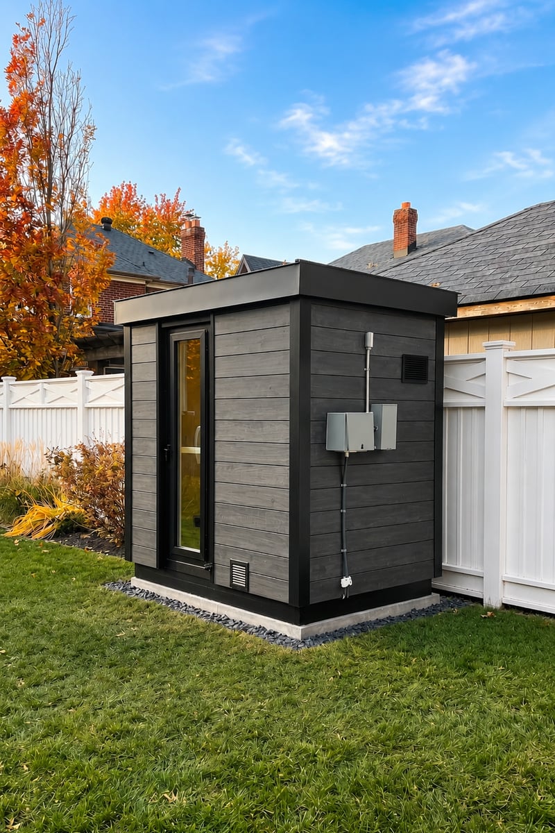 A finished Ryt Sauna with eSAFE-certified electrical panel mounted to the exterior