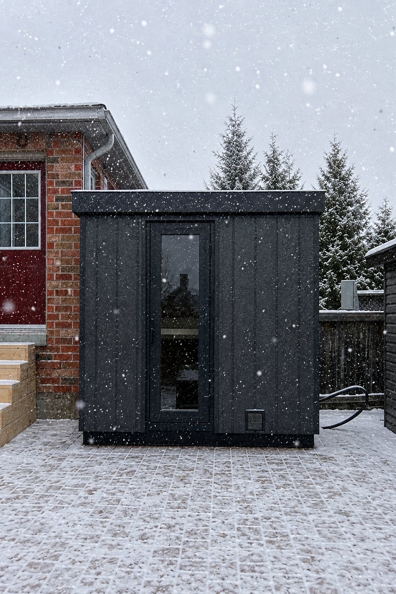 A black Ryt Sauna standing on a snow-covered paver patio beside a brick house, with snow falling and evergreens behind it