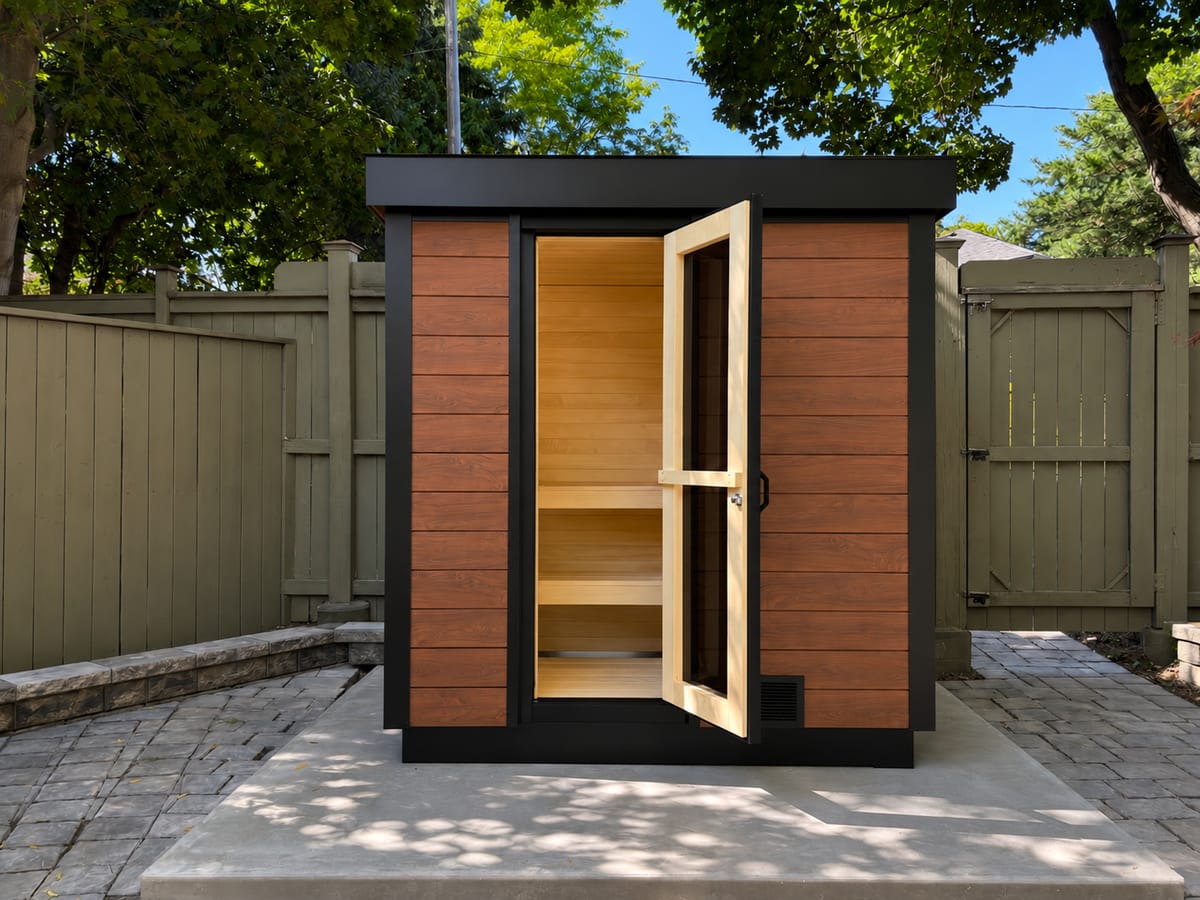 Ryt sauna with Cinnamon Walnut Chamclad cladding