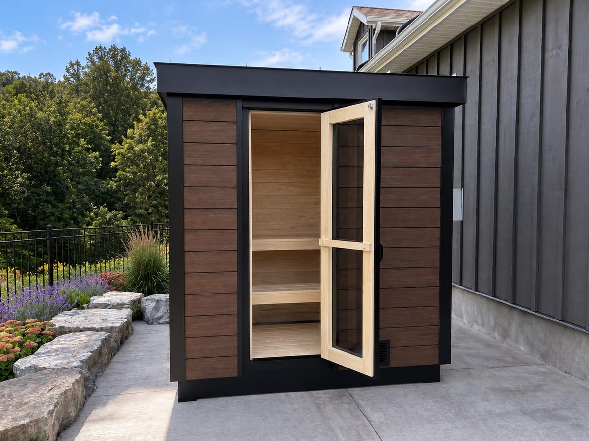 Ryt sauna with Modern Walnut Chamclad cladding