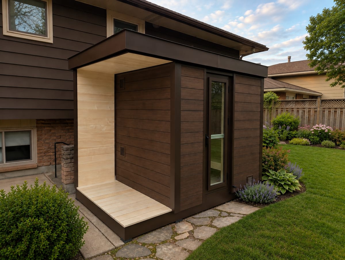 A Ryt Sauna with a porch overhang