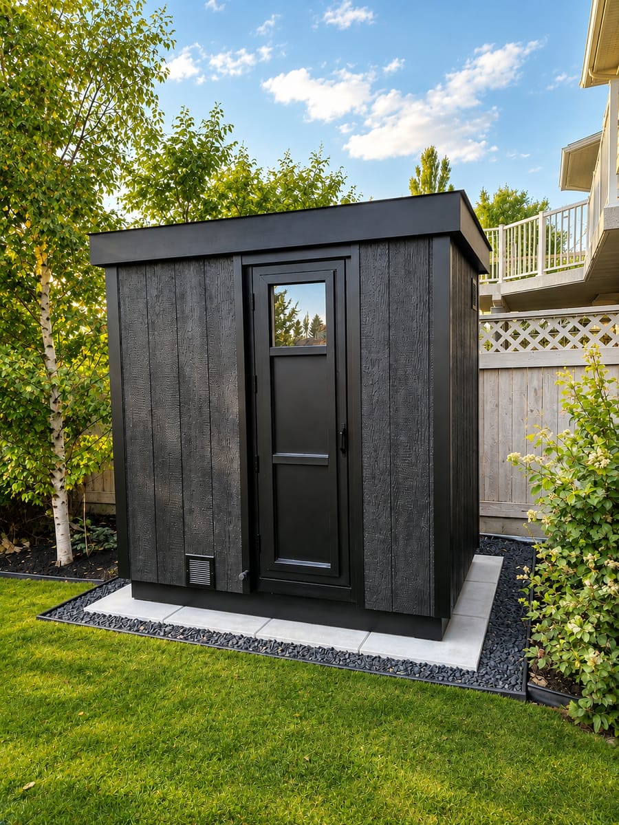 Black sauna with an aluminum-exterior door and a small square glass panel near the top.